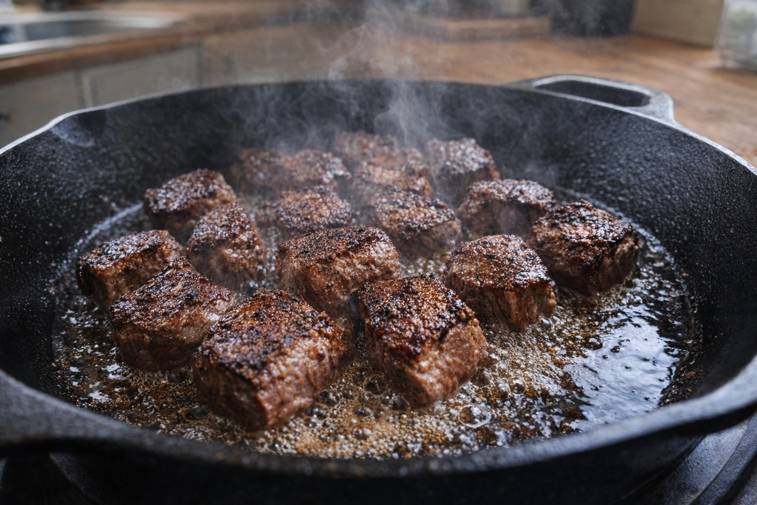 A close-up shot of steak nuggets searing in a cast iron skillet, with a deep brown crust forming on one side. The oil is shimmering, and steam is rising from the pan.